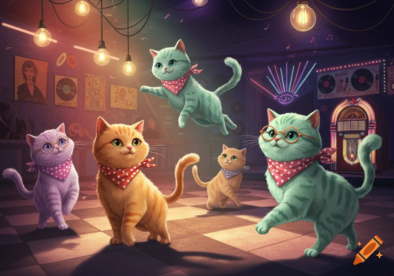 Five cartoon cats, two wearing glasses and colorful bandanas, pose in a retro-themed room with a jukebox and string lights.