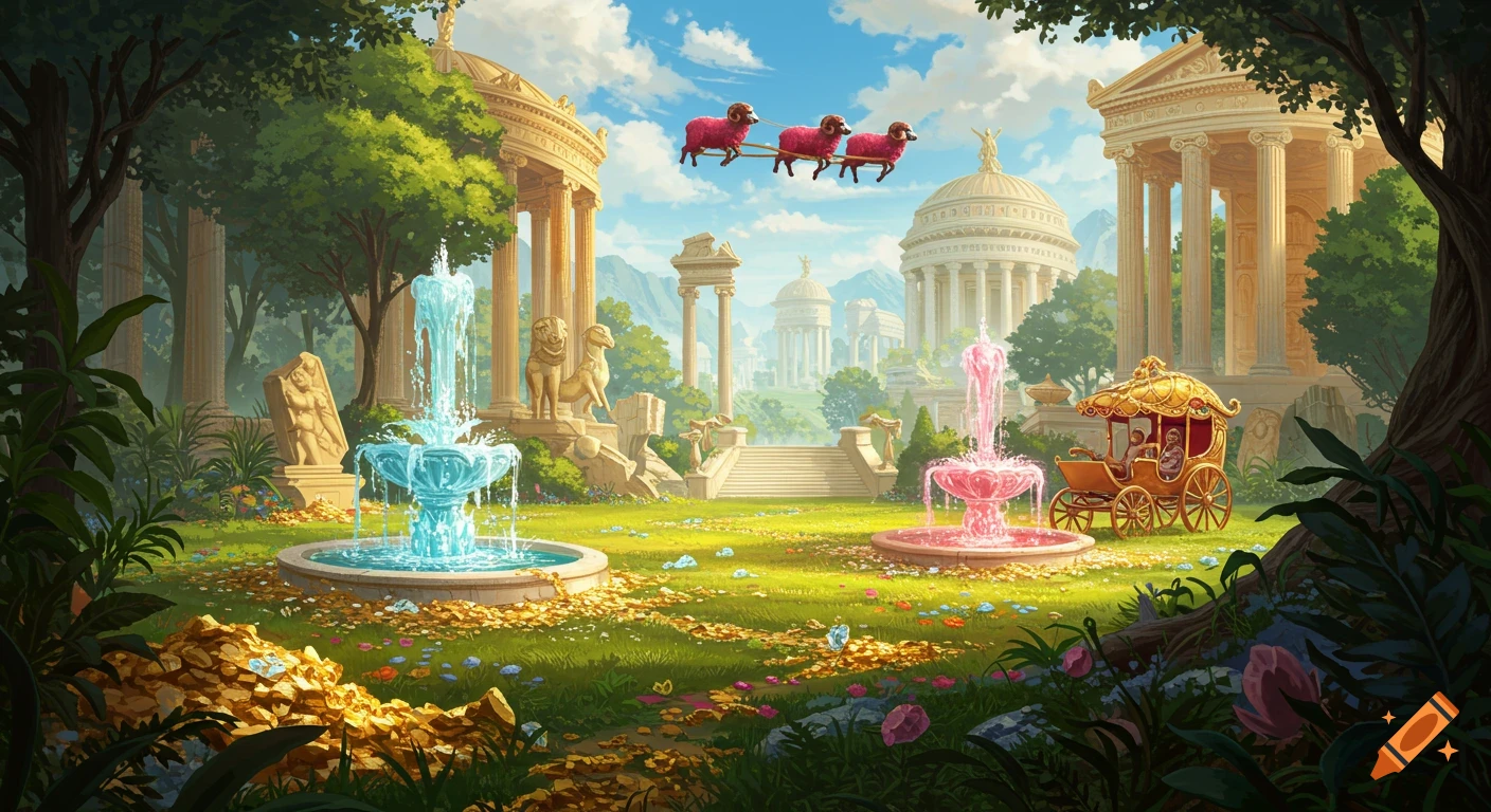 A fantasy illustration of ancient ruins with lush greenery, two colorful fountains, and red sheep flying across the sky pulling a golden carriage.