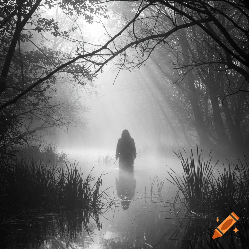 A figure in a ghillie suit emerges from a misty swamp in a dark, atmospheric black and white shot with sun rays.
