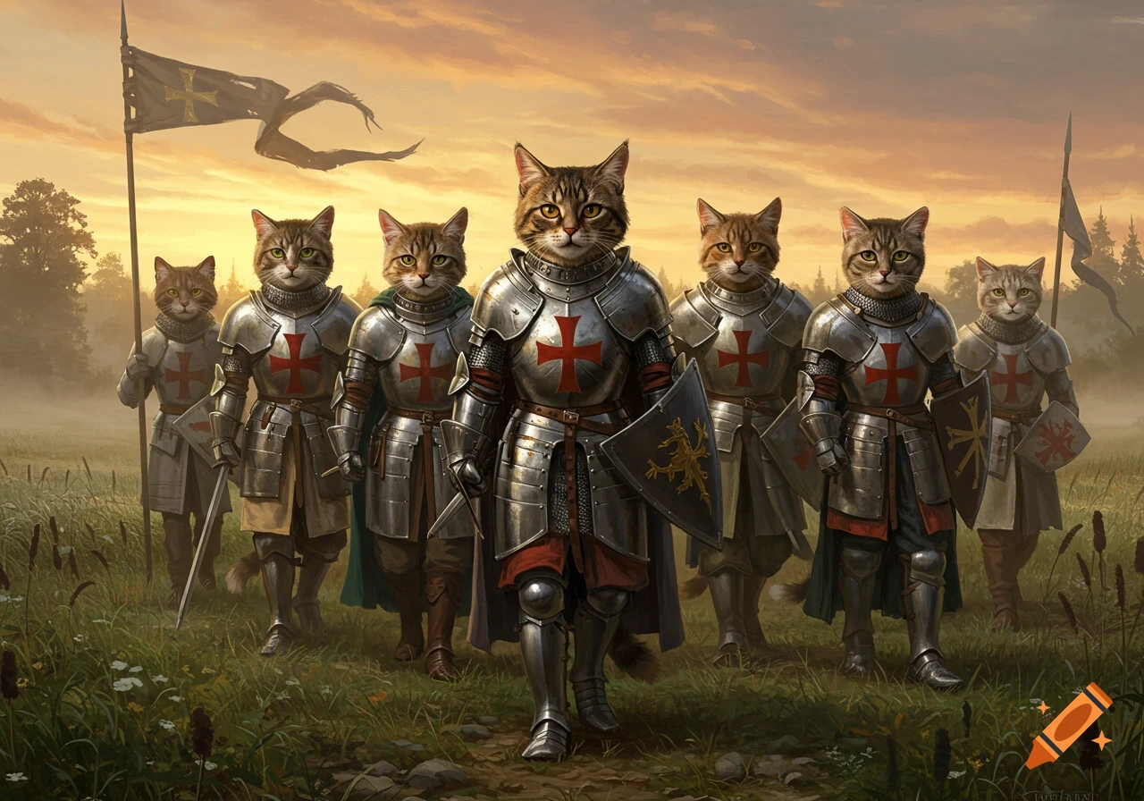 Six anthropomorphic cat knights in shining armor march across a grassy field at sunset, a flag waving in the background.