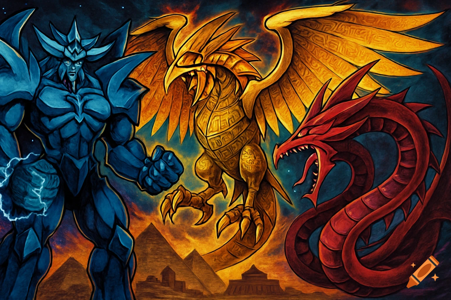 A stylized illustration featuring a blue armored warrior, a golden winged bird, and a red dragon, set against a backdrop of pyramids.