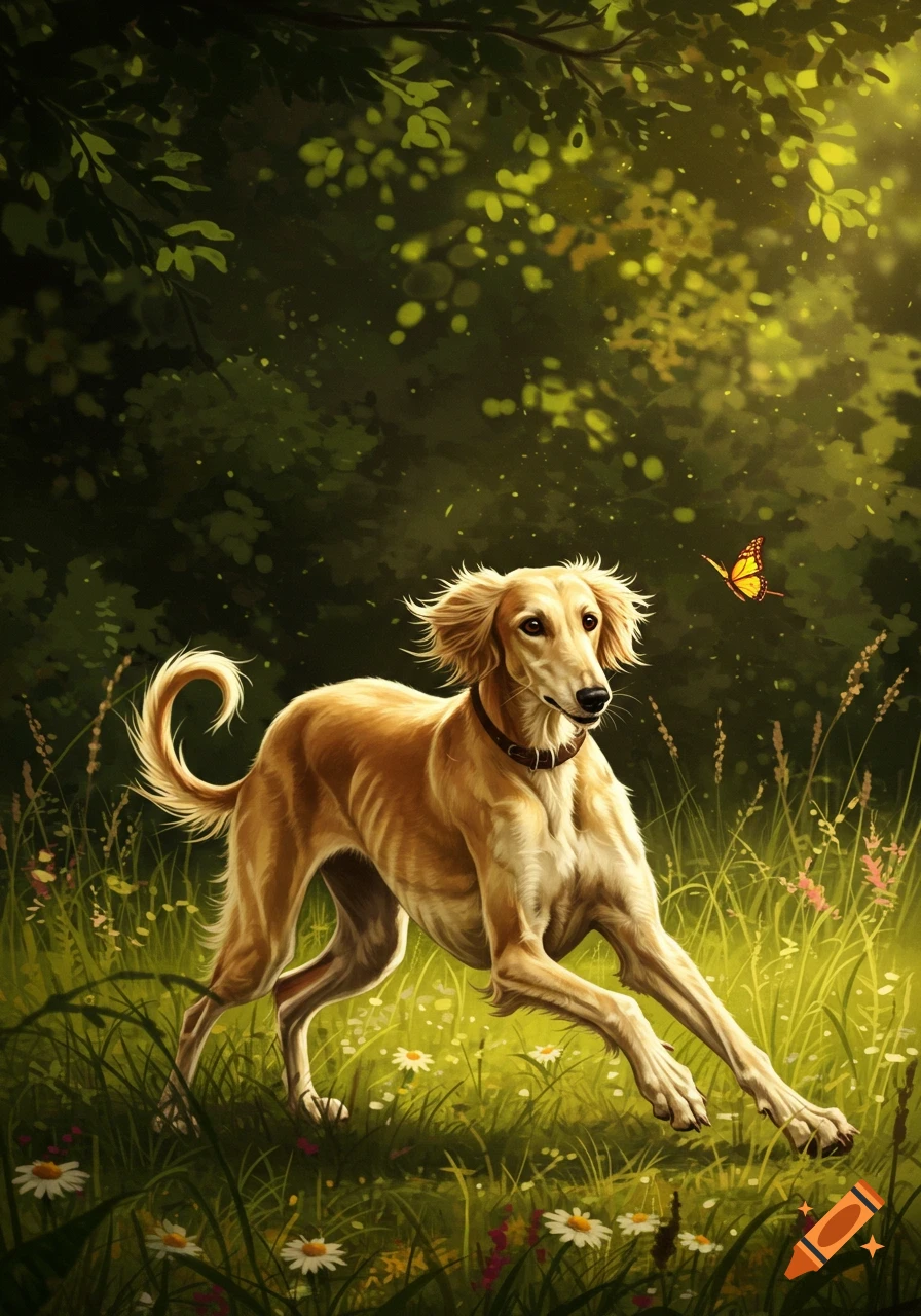 A slender, blonde Saluki dog with a brown collar runs through a sunlit, grassy meadow, looking at a small orange butterfly. Illustrated style.