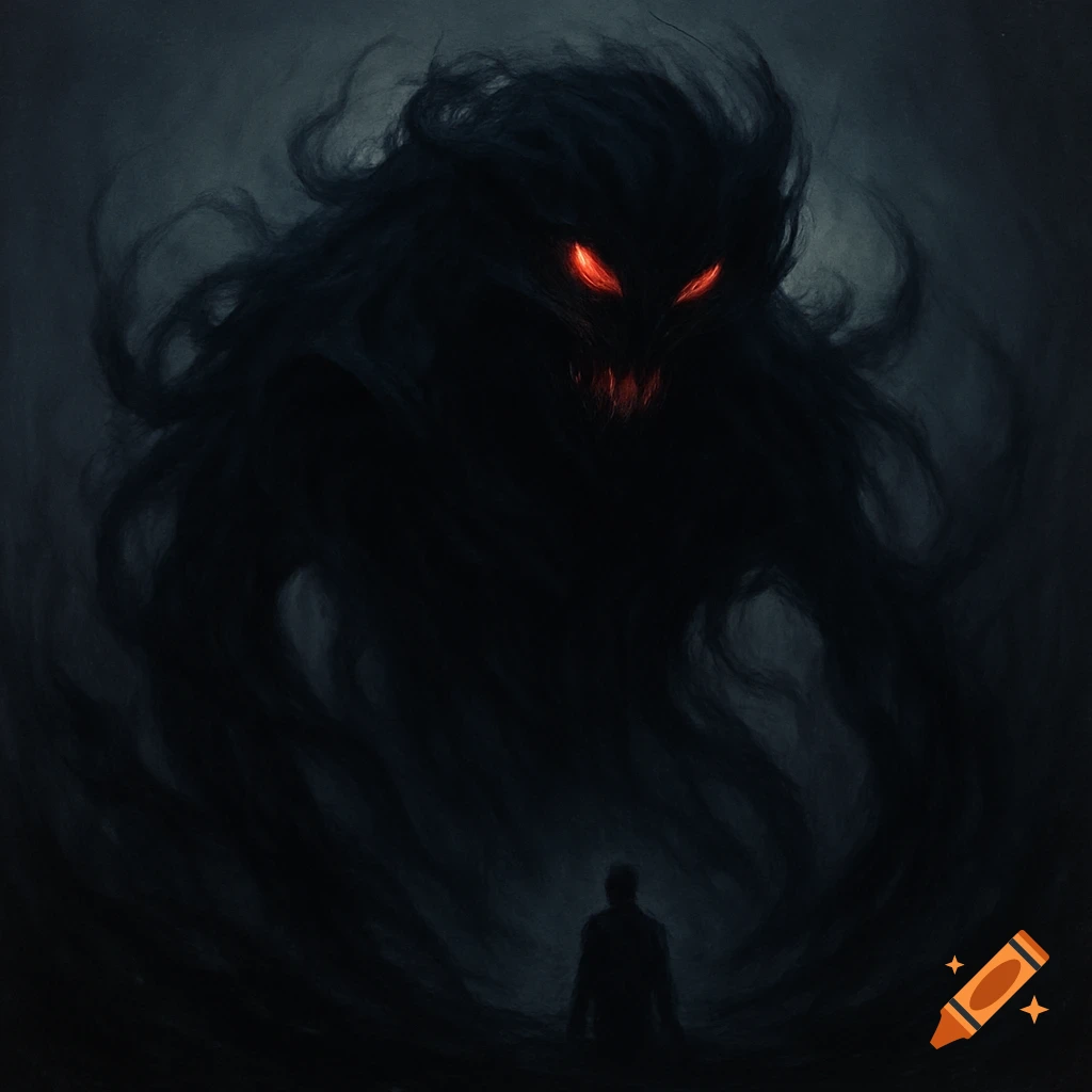 A giant, dark, wispy shadow monster with glowing red eyes and a menacing mouth looms over a small human silhouette.