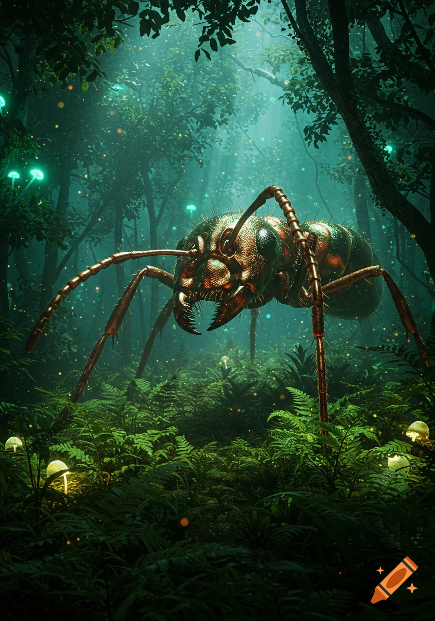 A gigantic, metallic monster ant with menacing mandibles stands in a dark, mystical forest illuminated by glowing mushrooms and ethereal light.