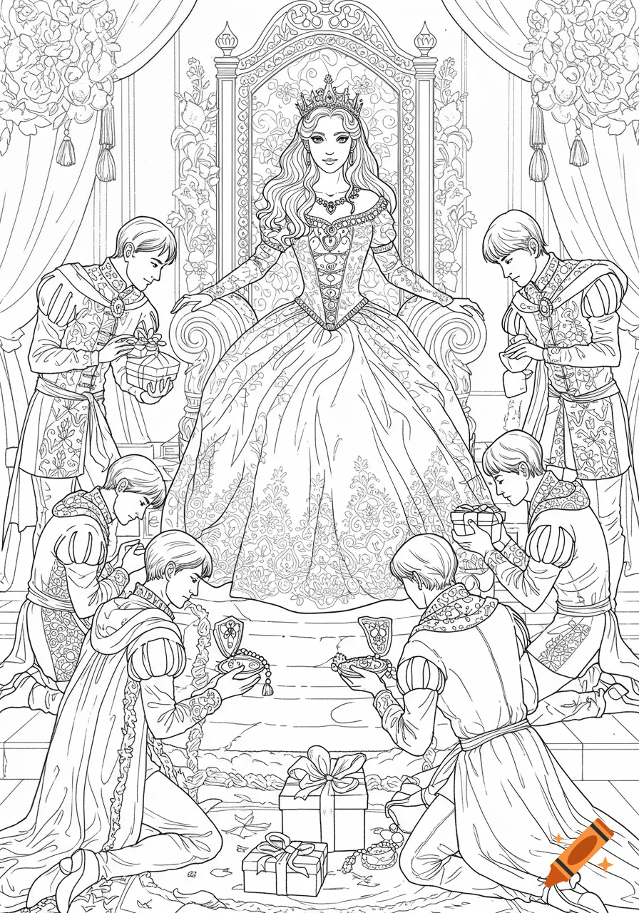 Line art of a princess seated on an ornate throne, surrounded by five men kneeling and offering her gifts.