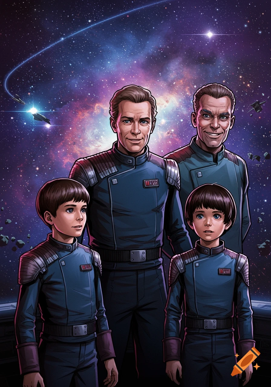 Four people, two adults and two children, in blue futuristic uniforms stand against a vibrant cosmic background with stars, nebulae, and spaceships. The art style is reminiscent of a comic book.