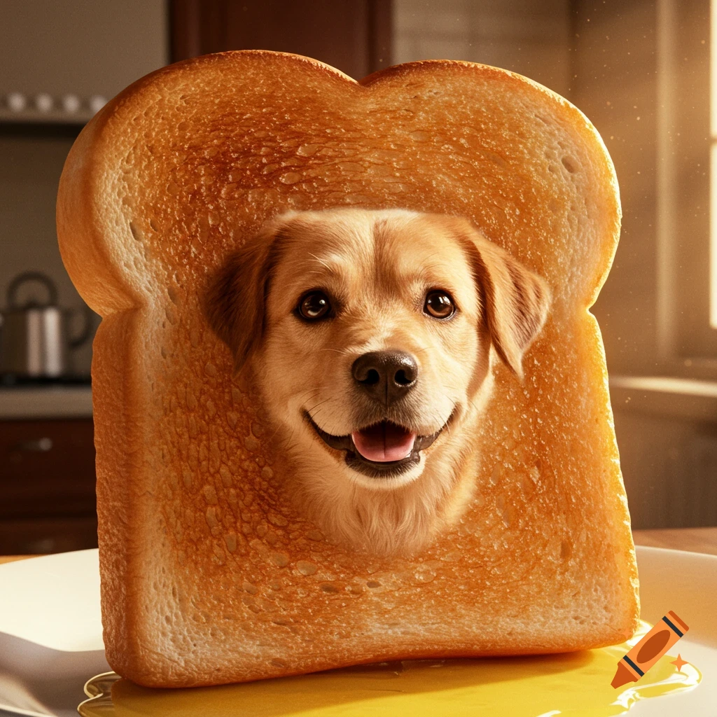 A photorealistic image of a happy golden retriever's face emerging from a slice of golden-brown toast on a plate with melted butter.