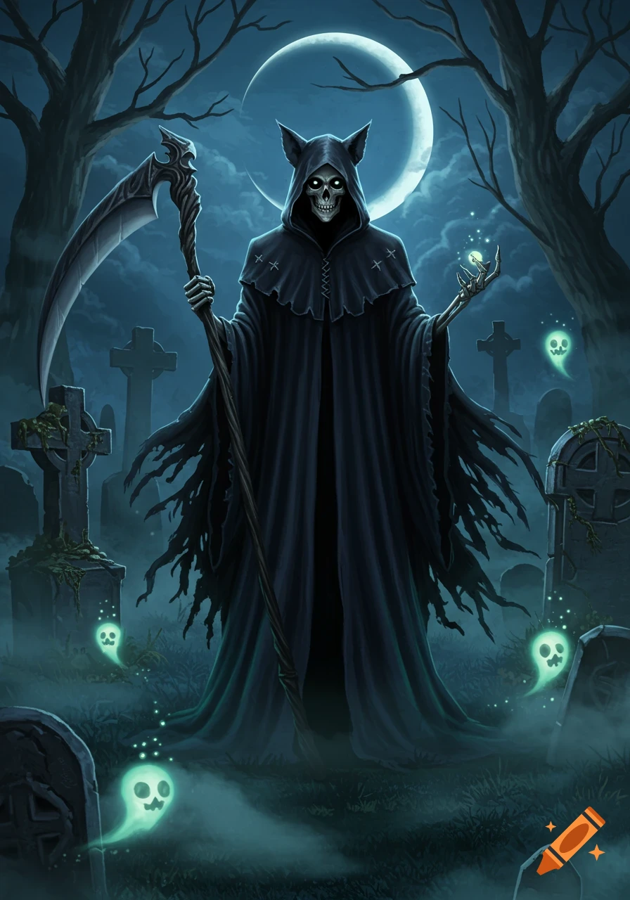 A grim reaper with cat ears holds a scythe in a misty graveyard under a full moon with glowing ghosts.
