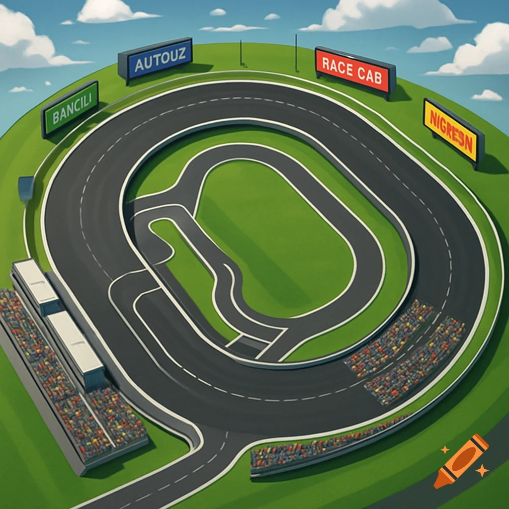 Overhead view of a stylized oval race track with grandstands and sponsor signs under a blue sky.