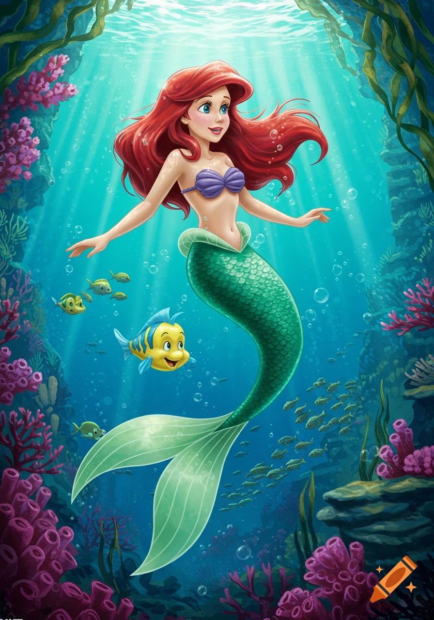 A vibrant cartoon illustration of Ariel, the red-haired mermaid, swimming underwater with her fish friend Flounder amid colorful coral and seaweed.