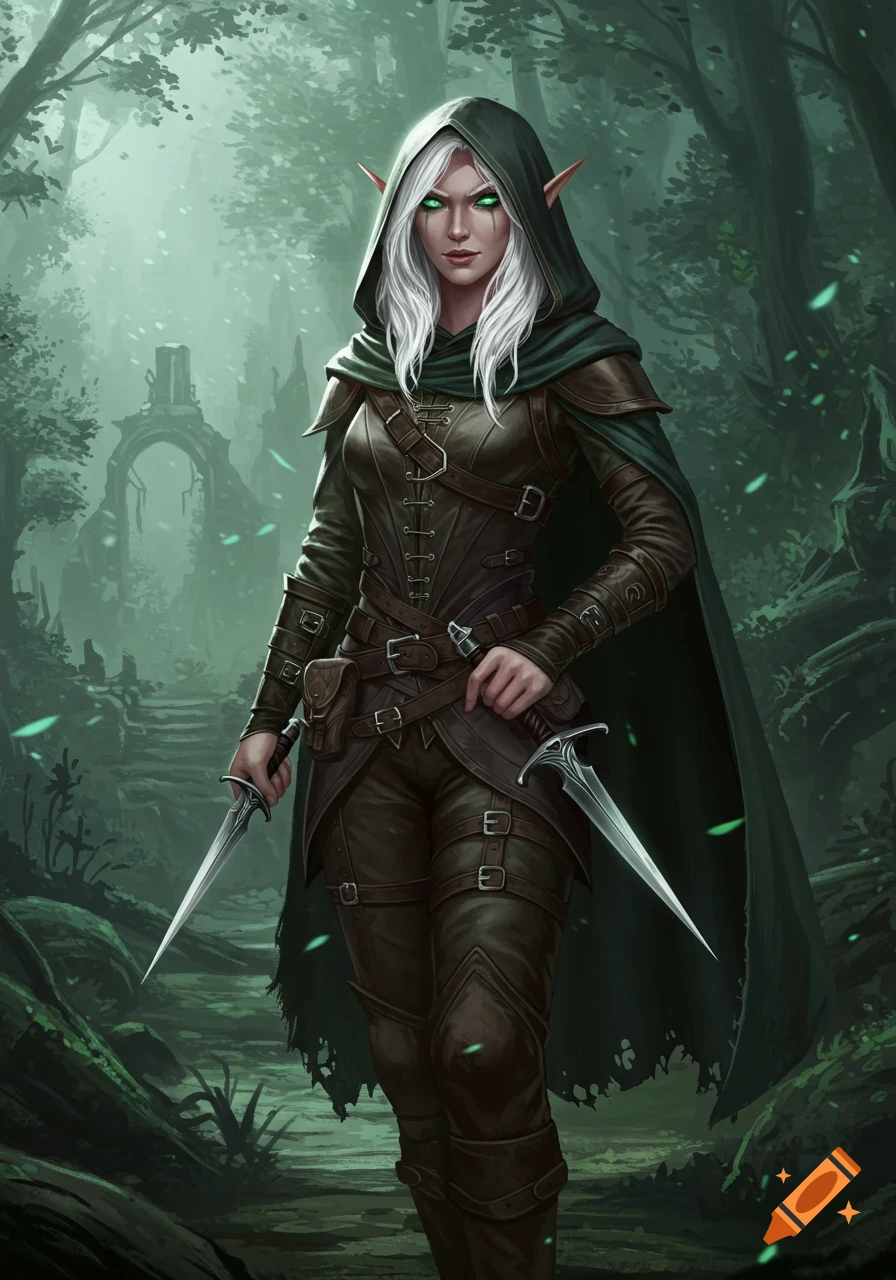 A white-haired half-elf rogue in a dark green hooded cloak and brown leather armor holds two daggers in a misty forest with ancient ruins.