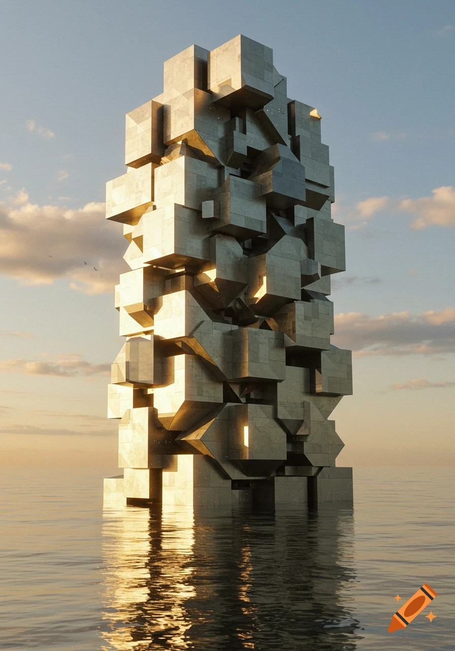 An abstract, towering structure made of interlocking quadrilaterals stands in water, reflecting the golden light of sunset.
