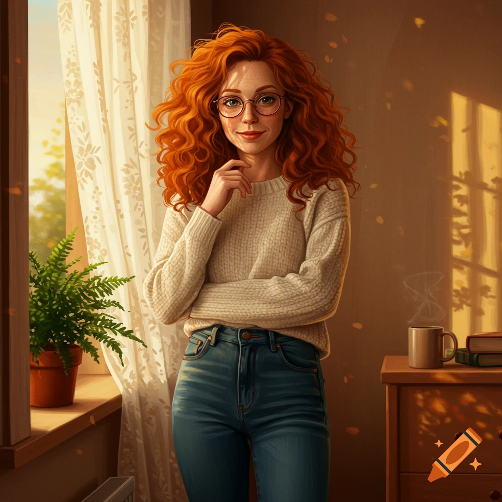 A smiling woman with red curly hair, freckles, and glasses wearing a cream sweater and jeans, standing by a window with a potted plant.