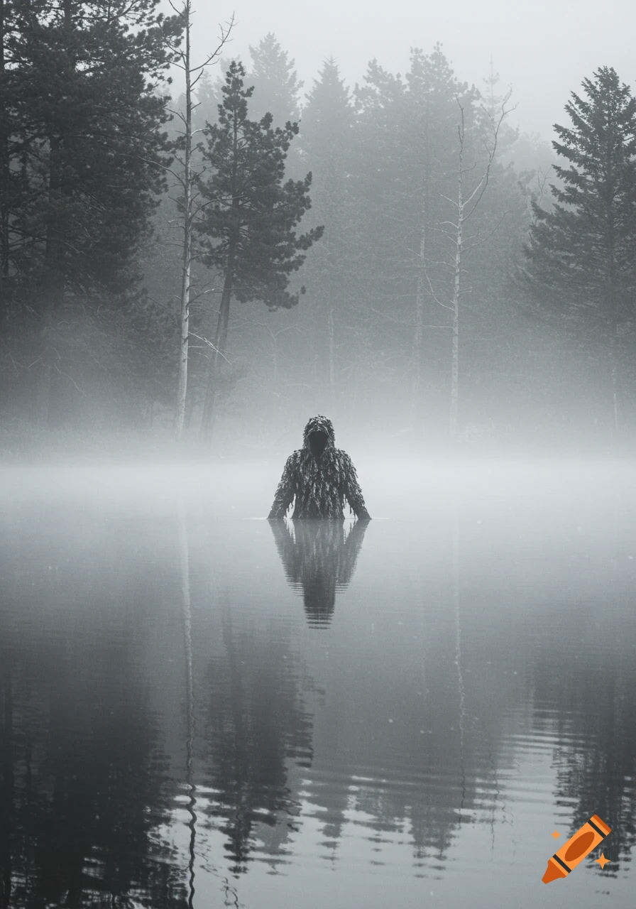 A figure in a ghillie suit emerges from a misty lake surrounded by trees in a black and white, photorealistic style.