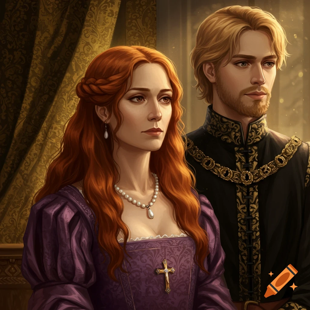 A woman in a purple gown and a man in a black doublet, both with period attire, standing in an ornate room.