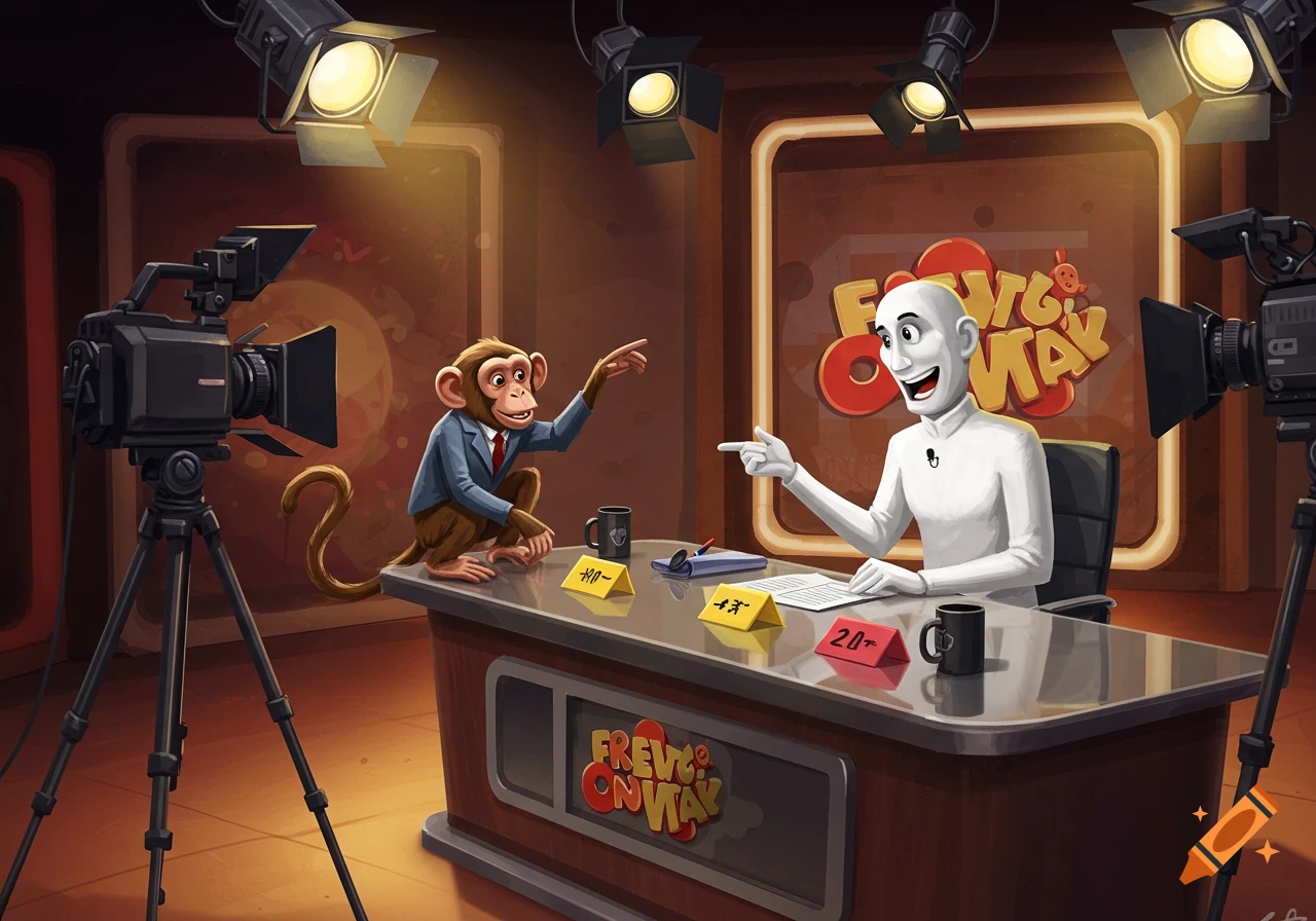 Cartoon monkey in a blue suit and a bald man on a talk show set with cameras and studio lights.