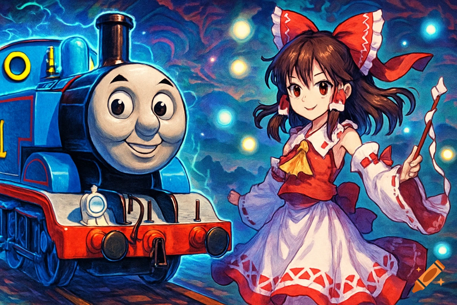 Thomas the Tank Engine smiling next to an anime girl with dark hair, a red bow, and a white and red dress, against a starry blue background.
