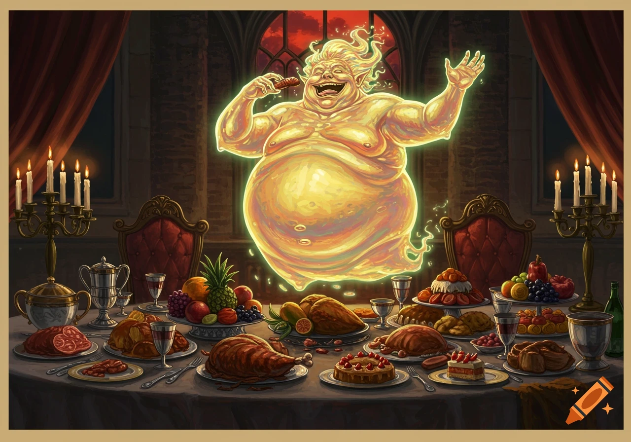 An illustrated, glowing, corpulent ghost laughs and eats while floating above a lavish banquet table in a grand hall.