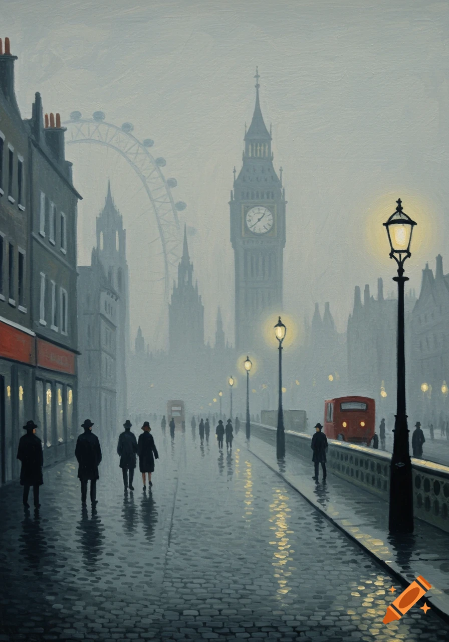 Misty painting of a London street with Big Ben, London Eye, pedestrians, red buses, and streetlights on wet cobblestones.