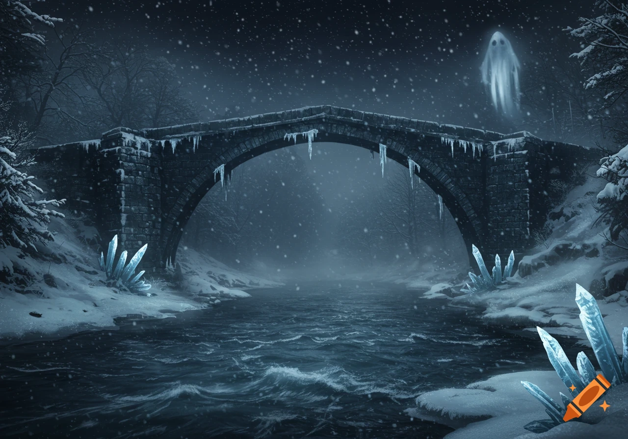 A snowy winter night scene featuring a stone arch bridge, a flowing river, blue ice crystals, and a hovering ethereal ghost.