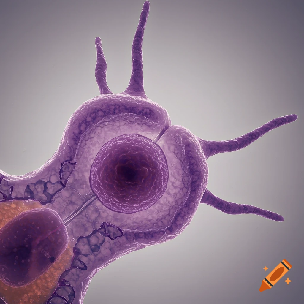 A detailed 3D rendering of a purple amoeboid cell or microorganism with a dark central nucleus and multiple irregular protrusions, viewed under a microscope.