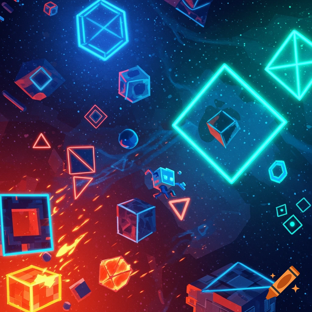 A vibrant abstract scene with glowing neon red and blue geometric shapes, stars, and a small pixelated character in a dark, stylized space.