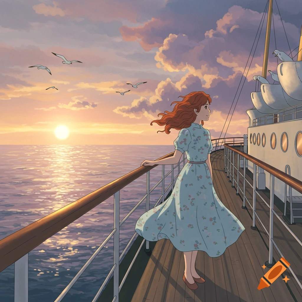 A red-haired woman on an ocean liner's deck gazes at a golden sunset over the ocean, in Studio Ghibli style animation.