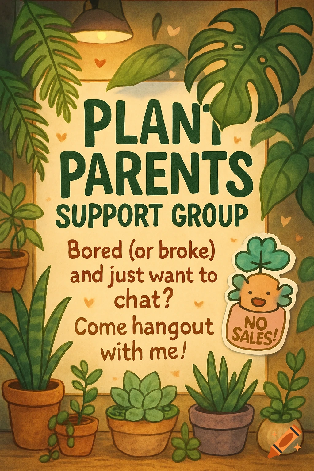 An illustrated flyer for a 'Plant Parents Support Group' featuring potted plants and text, with a 'No sales!' sticker.