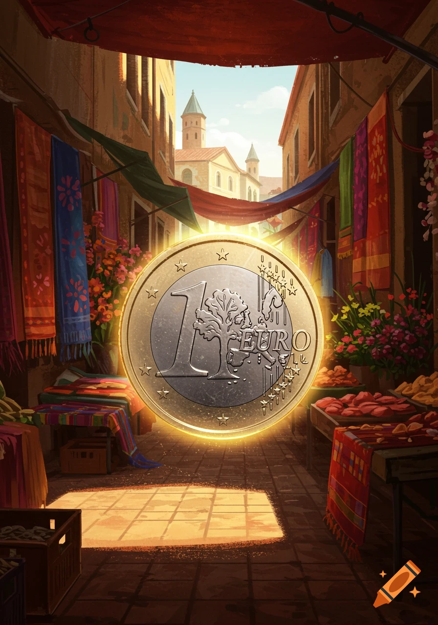 A glowing 1 Euro coin floats prominently in a sunlit, bustling European market street with colorful stalls, in a digital illustration.