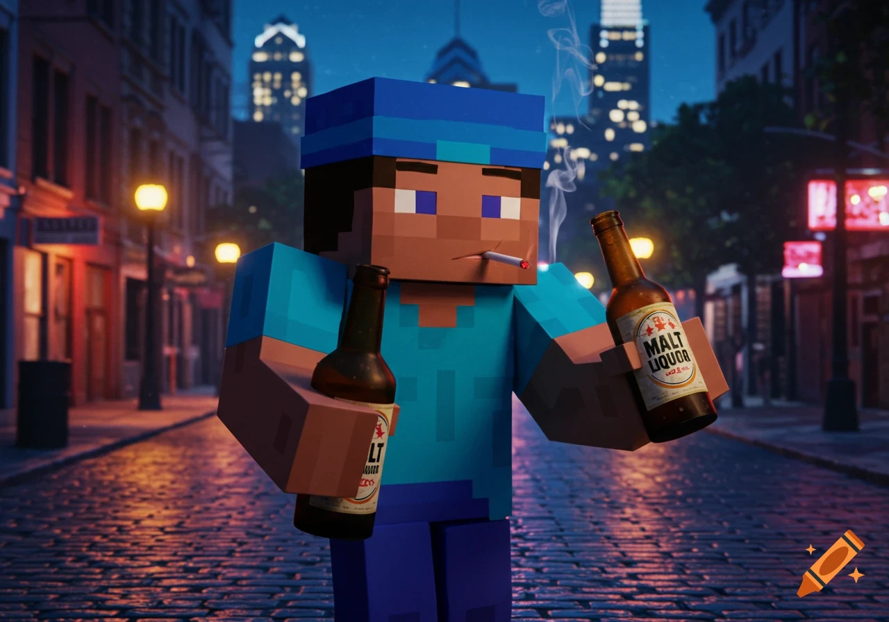 Minecraft Steve in a durag holds two malt liquor bottles, smoking a cigarette on a dark city street.