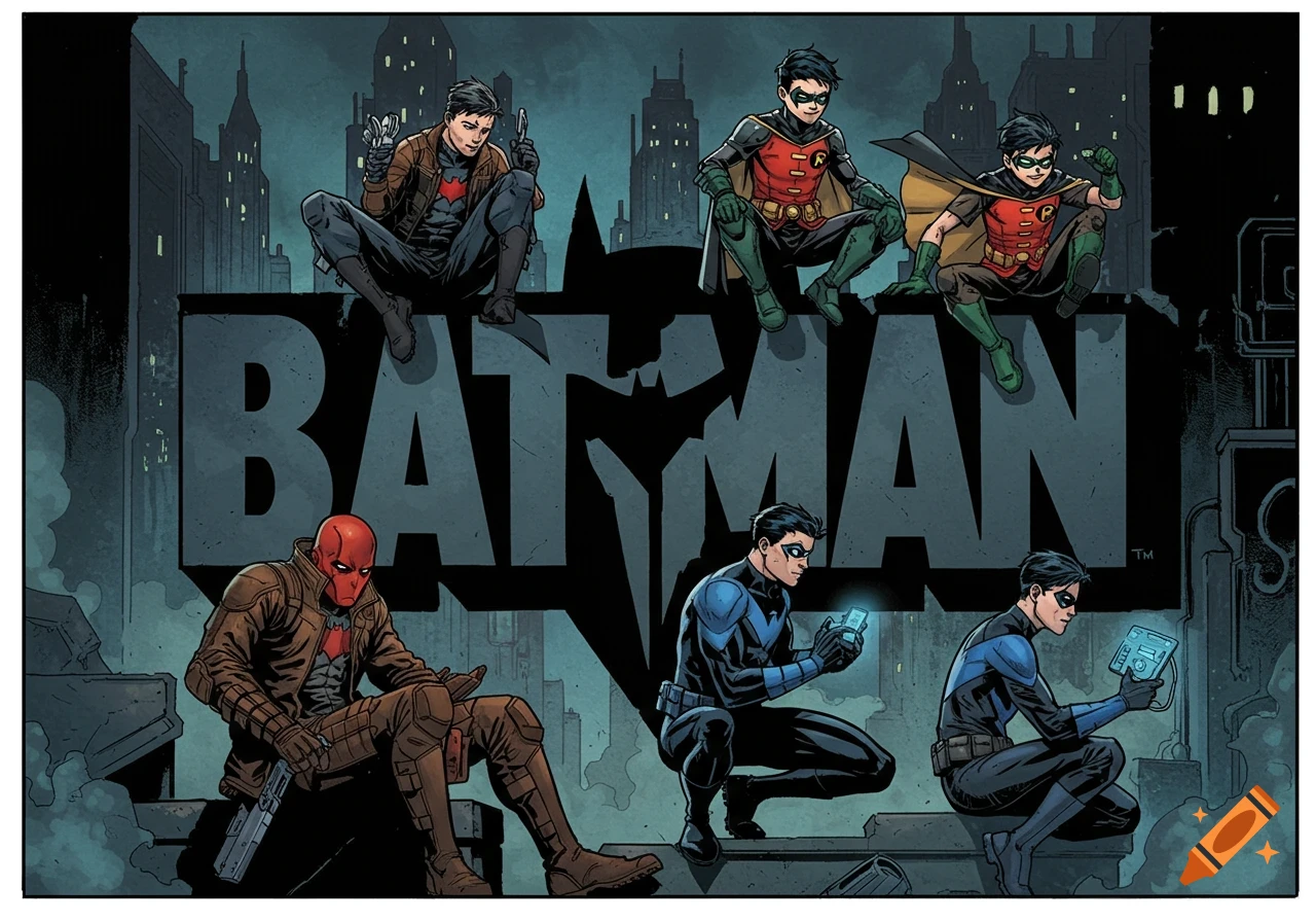 Comic book art of Red Hood, Robins, and Nightwings sitting on large BATMAN letters against a Gotham City skyline.