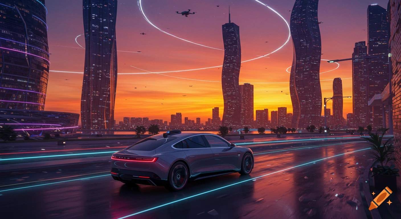 A futuristic autonomous car drives on a wet road in a neon-lit city at sunset, with tall glass buildings.