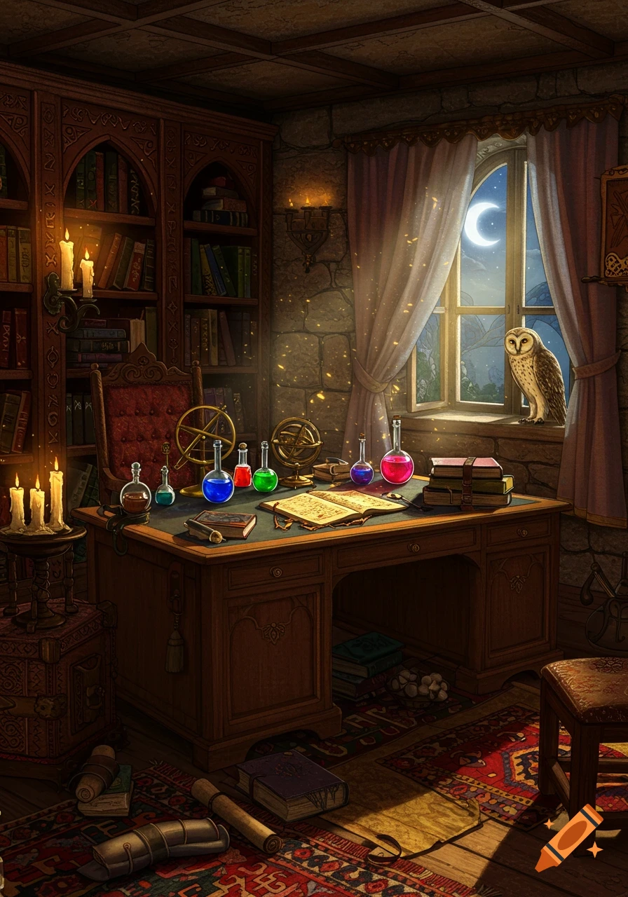 A richly detailed fantasy illustration of an old wizard's study at night, with potions, books, and an owl on the window sill.