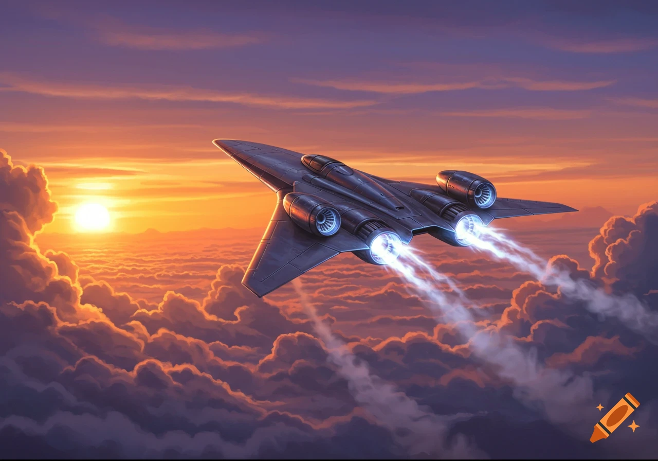 A dark futuristic aircraft with three engines and afterburners flies above a vibrant orange and purple cloudscape at sunset.
