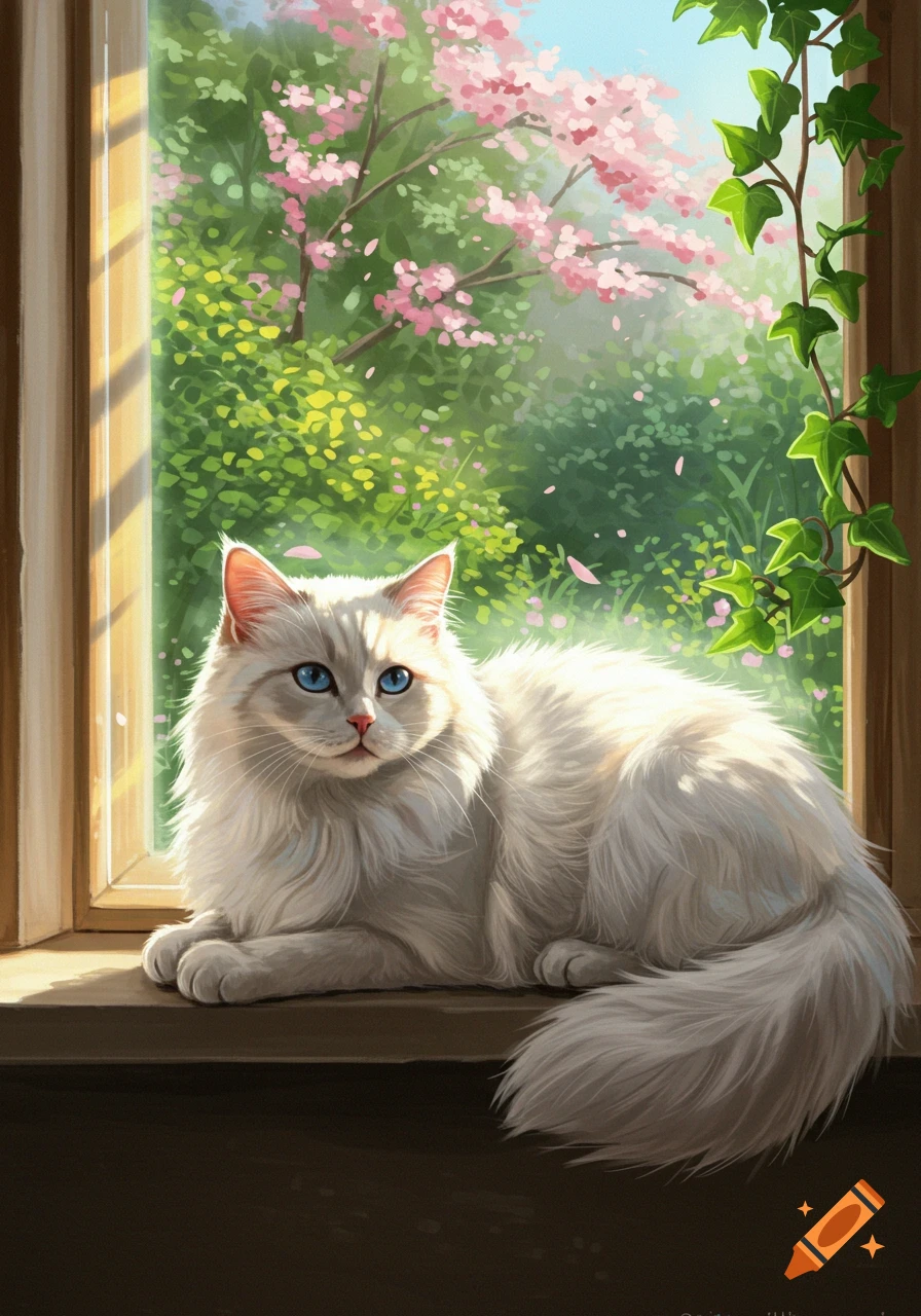 Fluffy white cat with blue eyes sitting on a wooden windowsill, looking out at blooming pink cherry blossom trees and green ivy. Painterly style.
