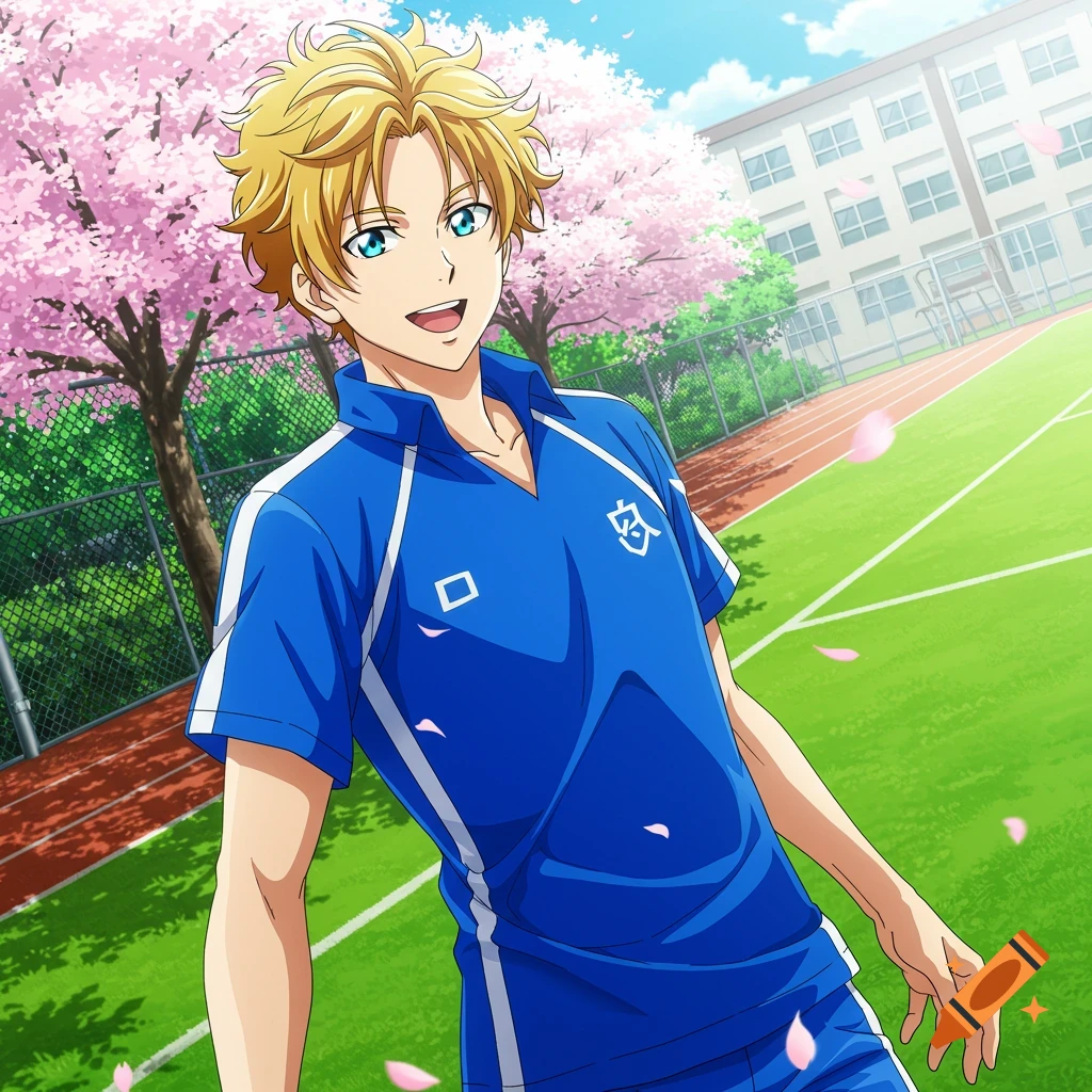 A smiling blonde-haired, blue-eyed anime male student in a blue athletic uniform stands on a track field with cherry blossom trees and a school building.