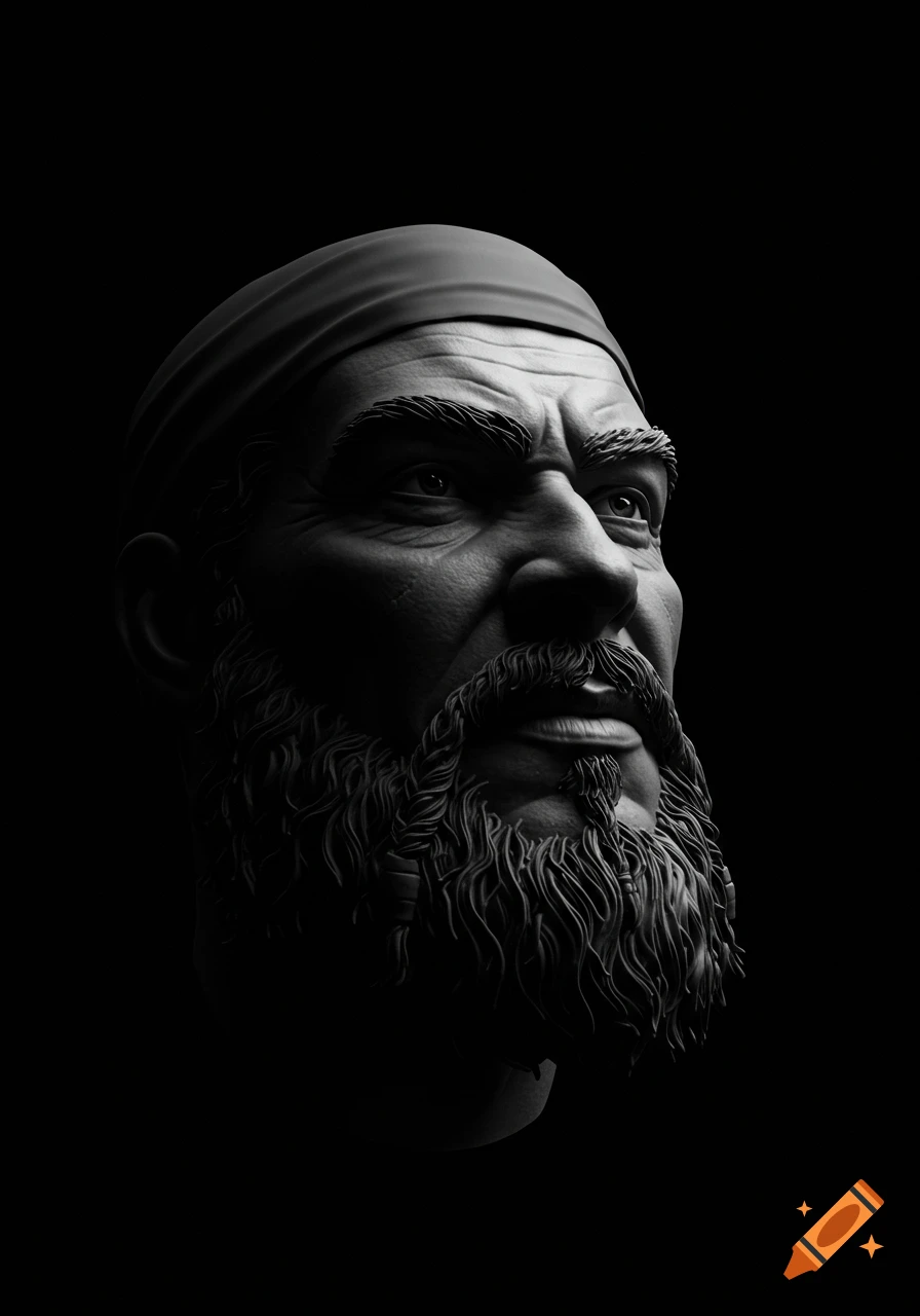 High-contrast black and white close-up portrait of a bearded man with a bandana looking upwards, against a dark background, in a hyper-realistic style.