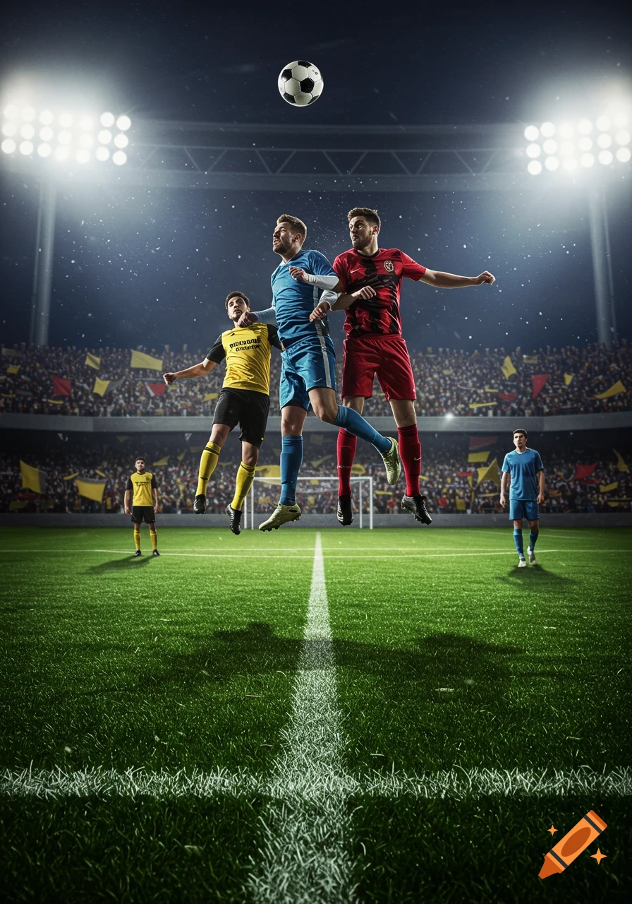 Three football players leap to head a soccer ball under bright stadium lights, with a packed crowd in the background.