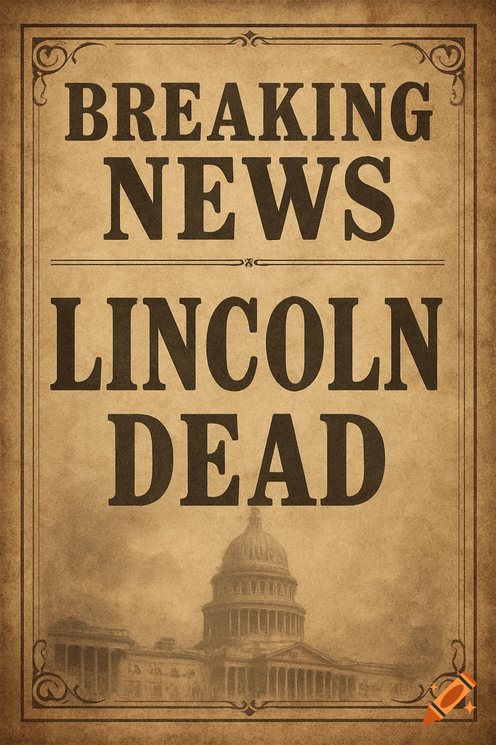 A vintage-style poster with the headline 'BREAKING NEWS LINCOLN DEAD' and a faded Capitol building illustration.
