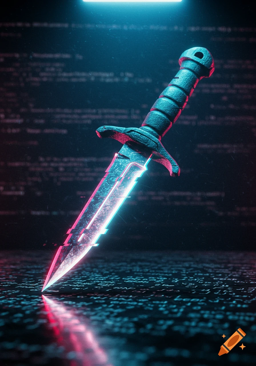 A neon blue and pink glitching dagger stands on a reflective surface in a dark, cyberpunk setting with abstract code patterns.