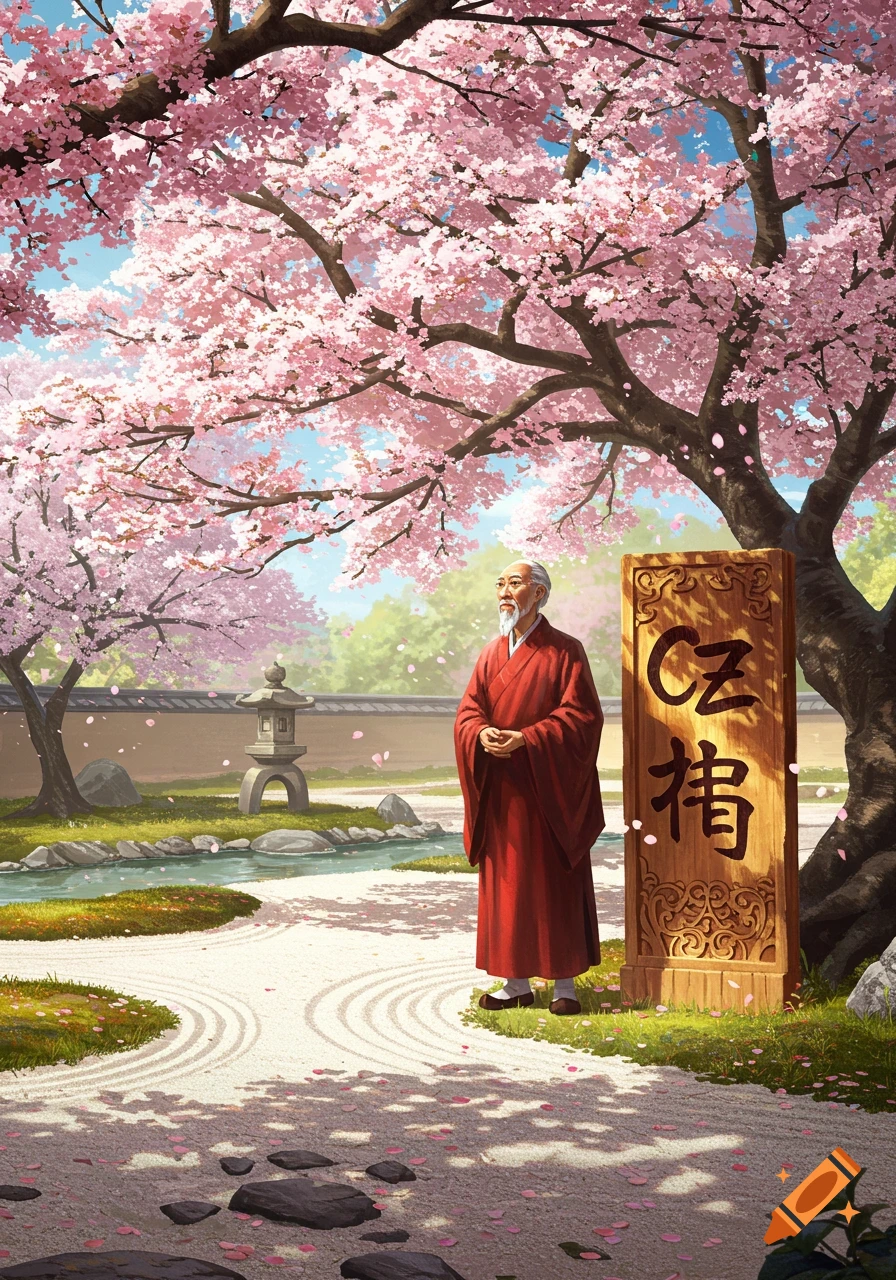 An old man in a red robe stands in a vibrant Japanese garden filled with pink cherry blossoms, next to a wooden sign.