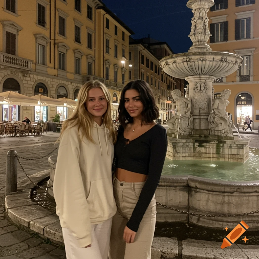 Two young women stand by a stone fountain on a European city street at night, with illuminated buildings and cafes in the background.