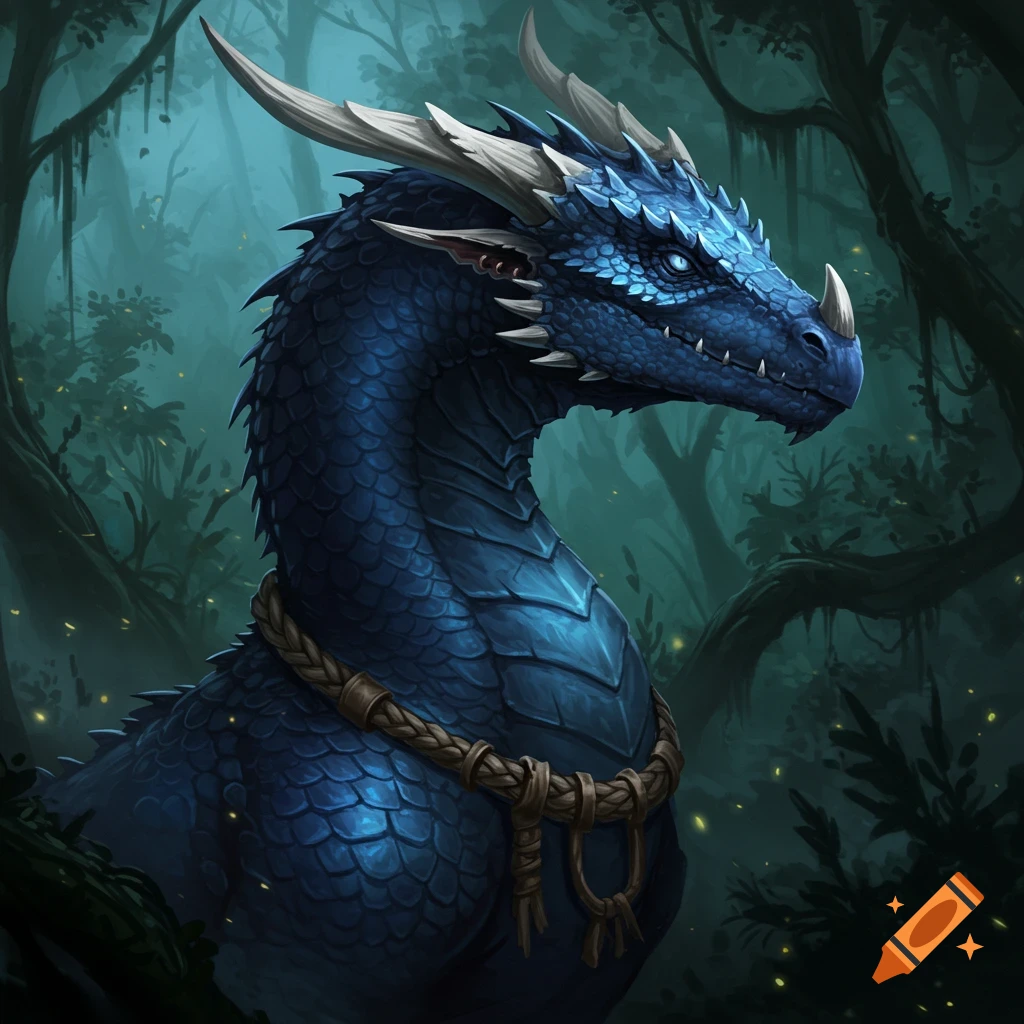 A dark fantasy oil painting of a deep sapphire blue wyvern with white horns, wearing a braided rope collar in a dark, misty forest.