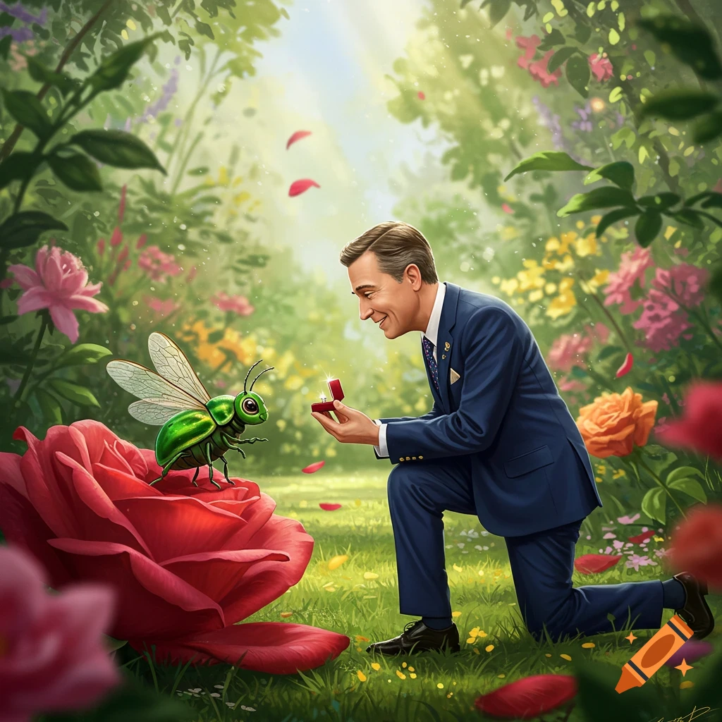 A handsome man in a suit kneels in a lush garden, offering a ring to a shy green bug perched on a red rose. Digital art.