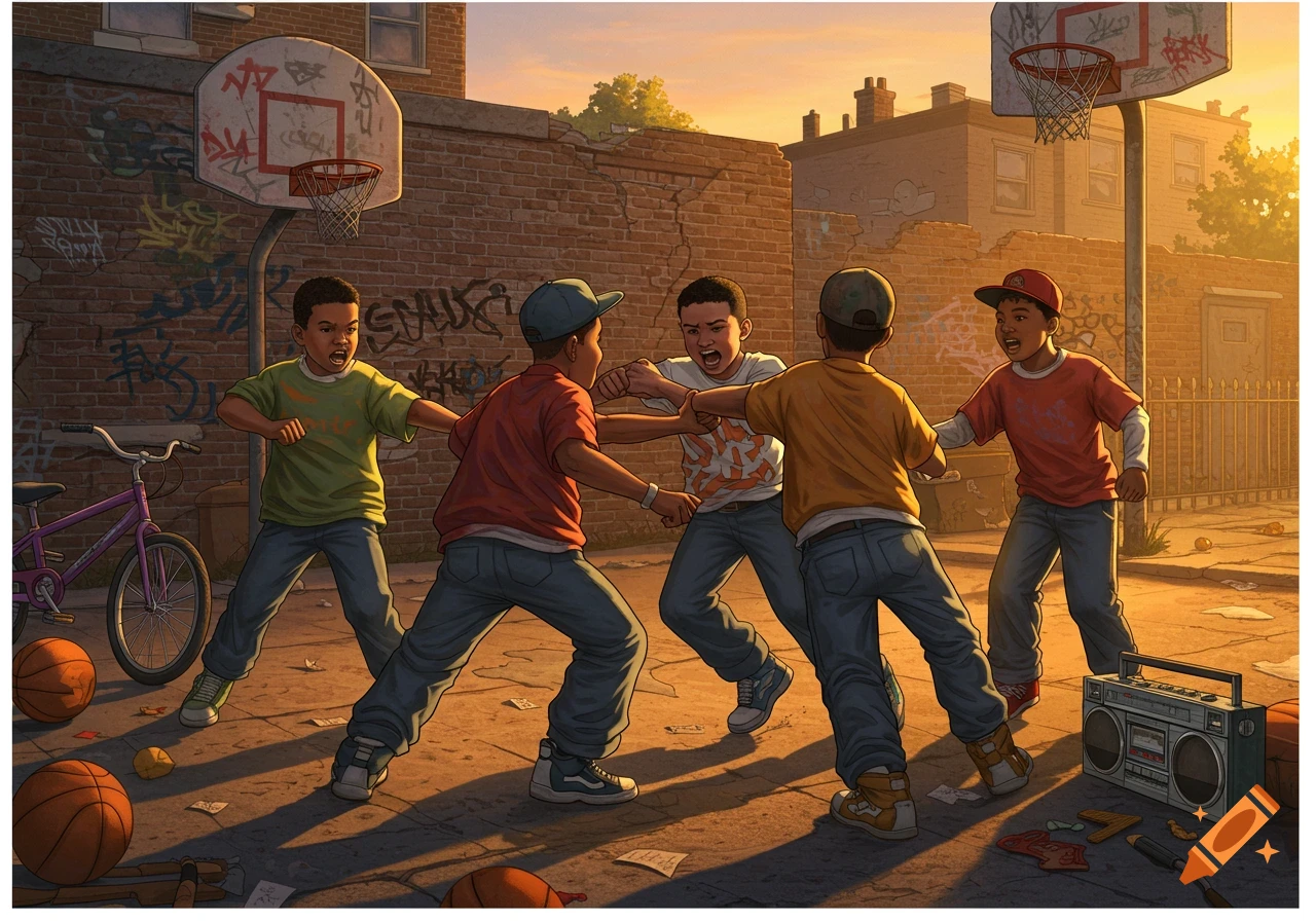 Five boys play street basketball at sunset in an urban environment with brick walls, graffiti, and a boombox in a cartoonish style.