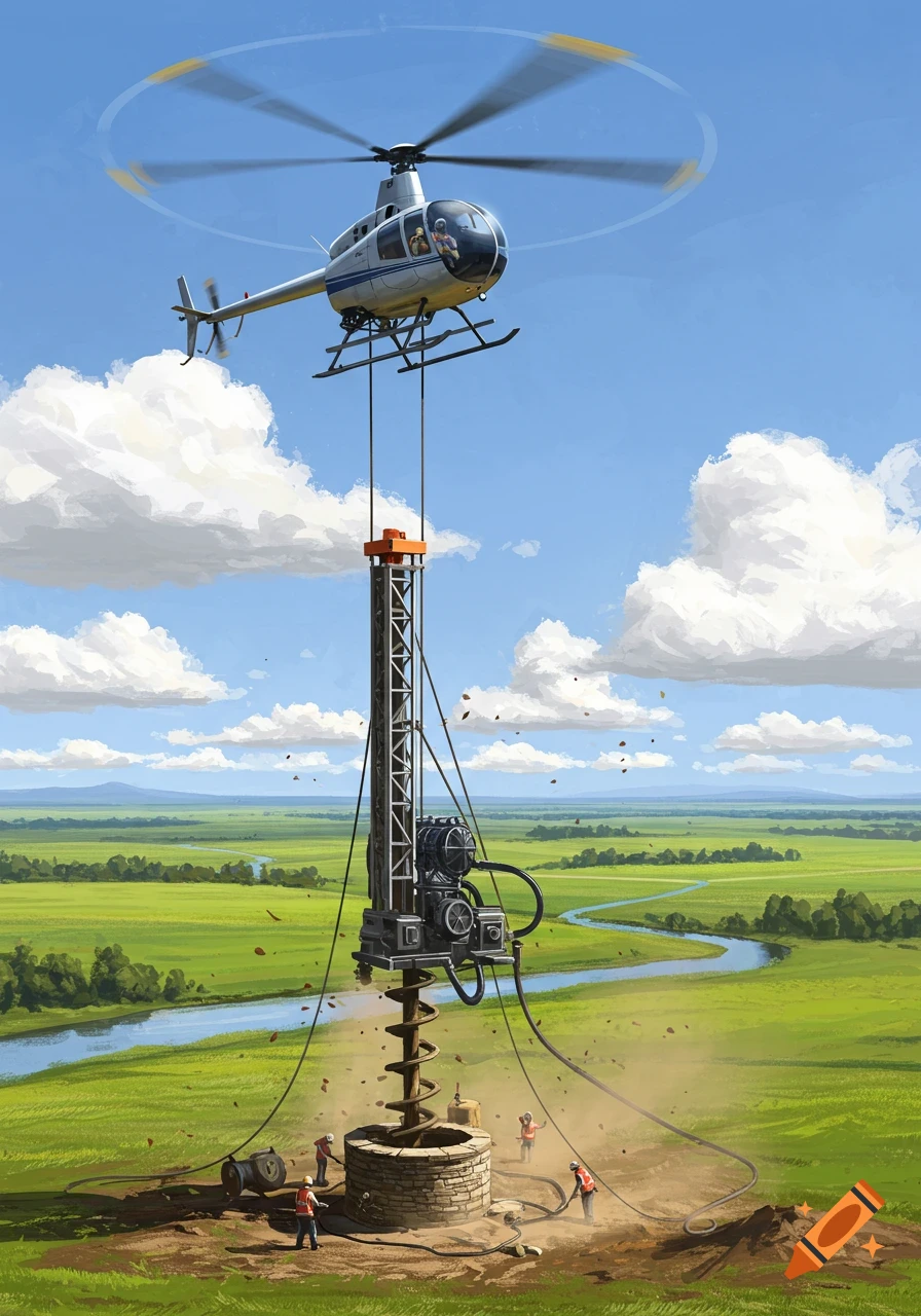 A helicopter suspends a large drilling rig over a well in a vibrant green field, with workers around the well and a river winding in the background.