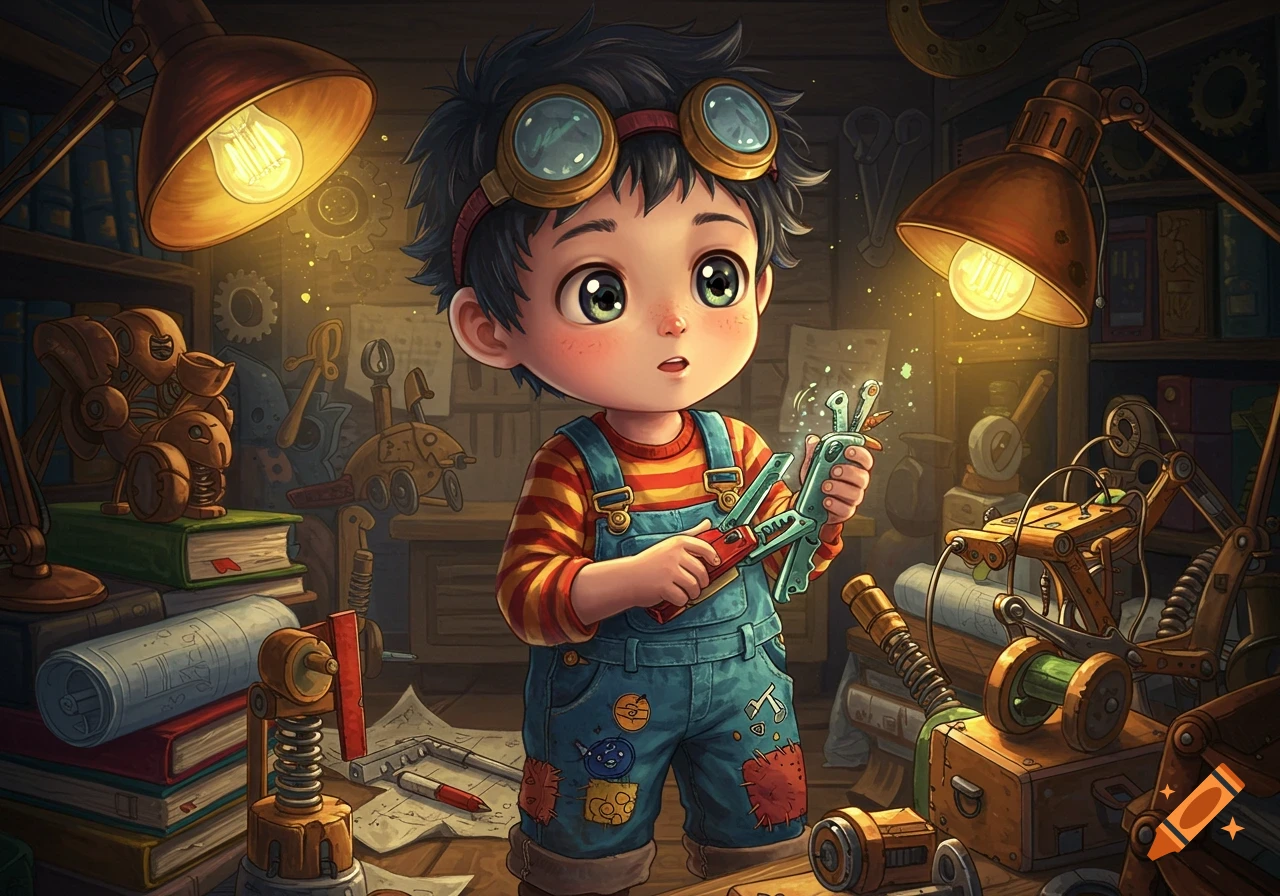 An anime-style small boy in goggles and overalls holds tools curiously in a cluttered steampunk workshop.