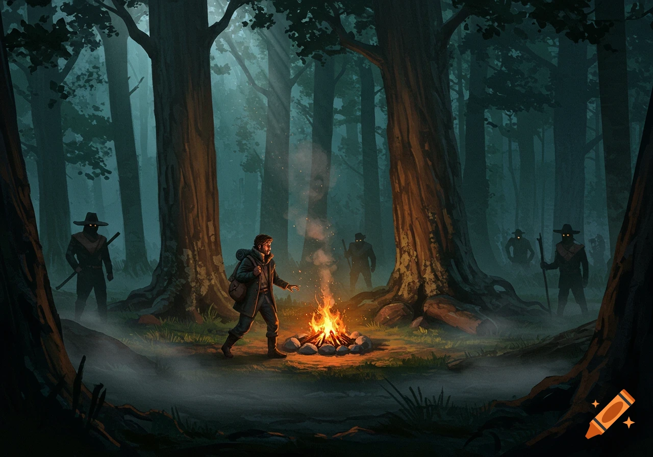 An illustrated scene of a person by a campfire in a dark forest, surrounded by shadowy, menacing figures with glowing eyes.