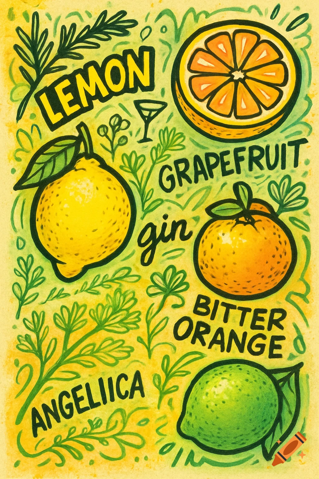 A vibrant sketchnote illustration of citrus fruits like lemon, grapefruit, and lime, with botanicals and text labels.