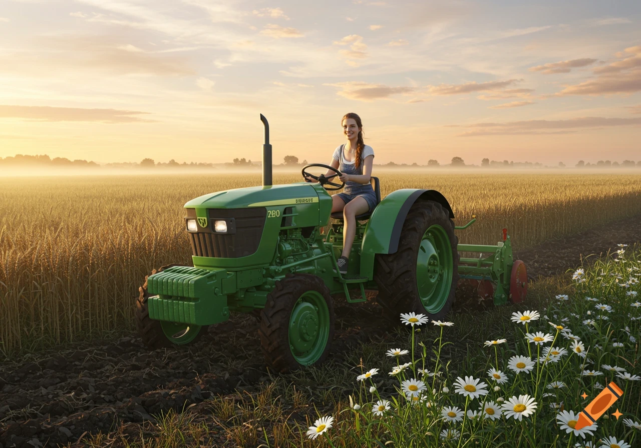 A smiling young woman in a green tractor drives through a golden wheat field at sunrise with daisies.